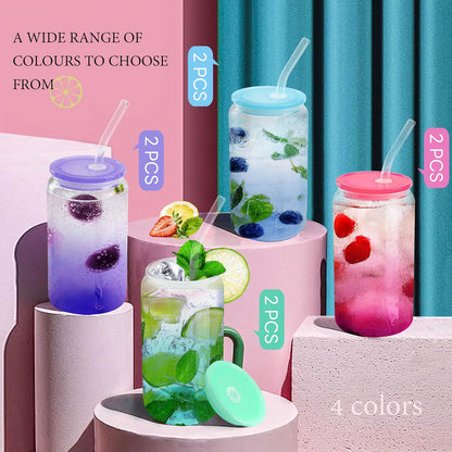 12 Set 16oz Gradient Glass Cups with Acrylic Lids and Straws Bulk | Can-shaped coffee cups drinking glasses for cafés, events, wedding favors, brunch tables, iced drinks and housewarming gifts