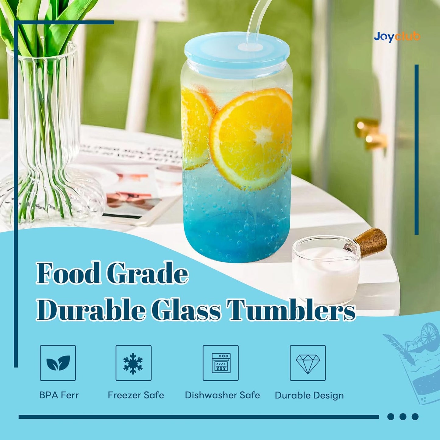 12 Set 16oz Gradient Glass Cups with Acrylic Lids and Straws Bulk | Can-shaped coffee cups drinking glasses for cafés, events, wedding favors, brunch tables, iced drinks and housewarming gifts