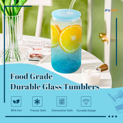 12 Set 16oz Gradient Glass Cups with Acrylic Lids and Straws Bulk | Can-shaped coffee cups drinking glasses for cafés, events, wedding favors, brunch tables, iced drinks and housewarming gifts