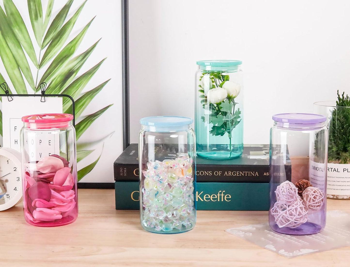 12 Set 16oz Gradient Glass Cups with Acrylic Lids and Straws Bulk | Can-shaped coffee cups drinking glasses for cafés, events, wedding favors, brunch tables, iced drinks and housewarming gifts
