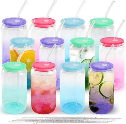 12 Set 16oz Gradient Glass Cups with Acrylic Lids and Straws Bulk | Can-shaped coffee cups drinking glasses for cafés, events, wedding favors, brunch tables, iced drinks and housewarming gifts