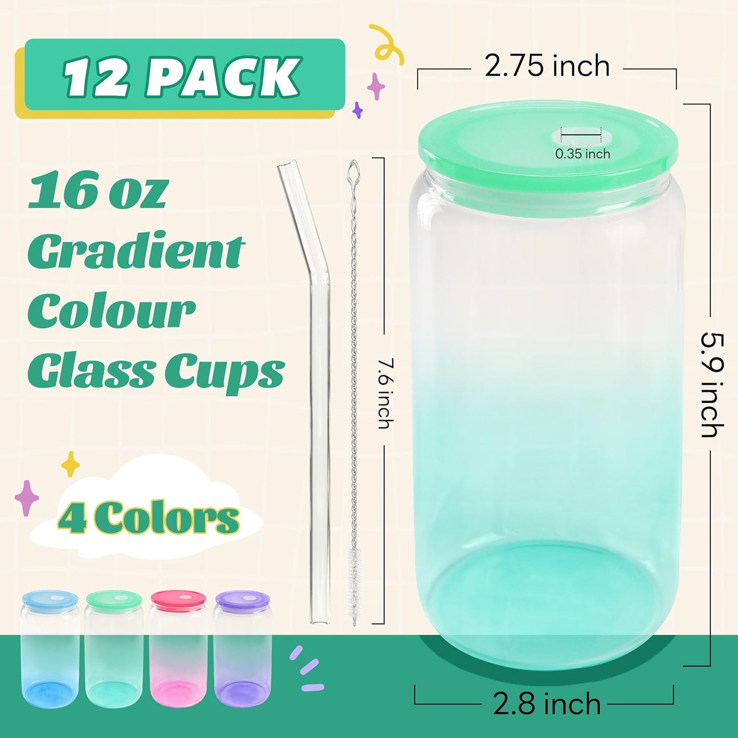 12 Set 16oz Gradient Glass Cups with Acrylic Lids and Straws Bulk | Can-shaped coffee cups drinking glasses for cafés, events, wedding favors, brunch tables, iced drinks and housewarming gifts