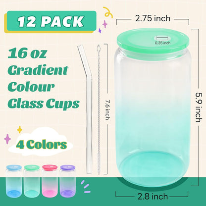 12 Set 16oz Gradient Glass Cups with Acrylic Lids and Straws Bulk | Can-shaped coffee cups drinking glasses for cafés, events, wedding favors, brunch tables, iced drinks and housewarming gifts