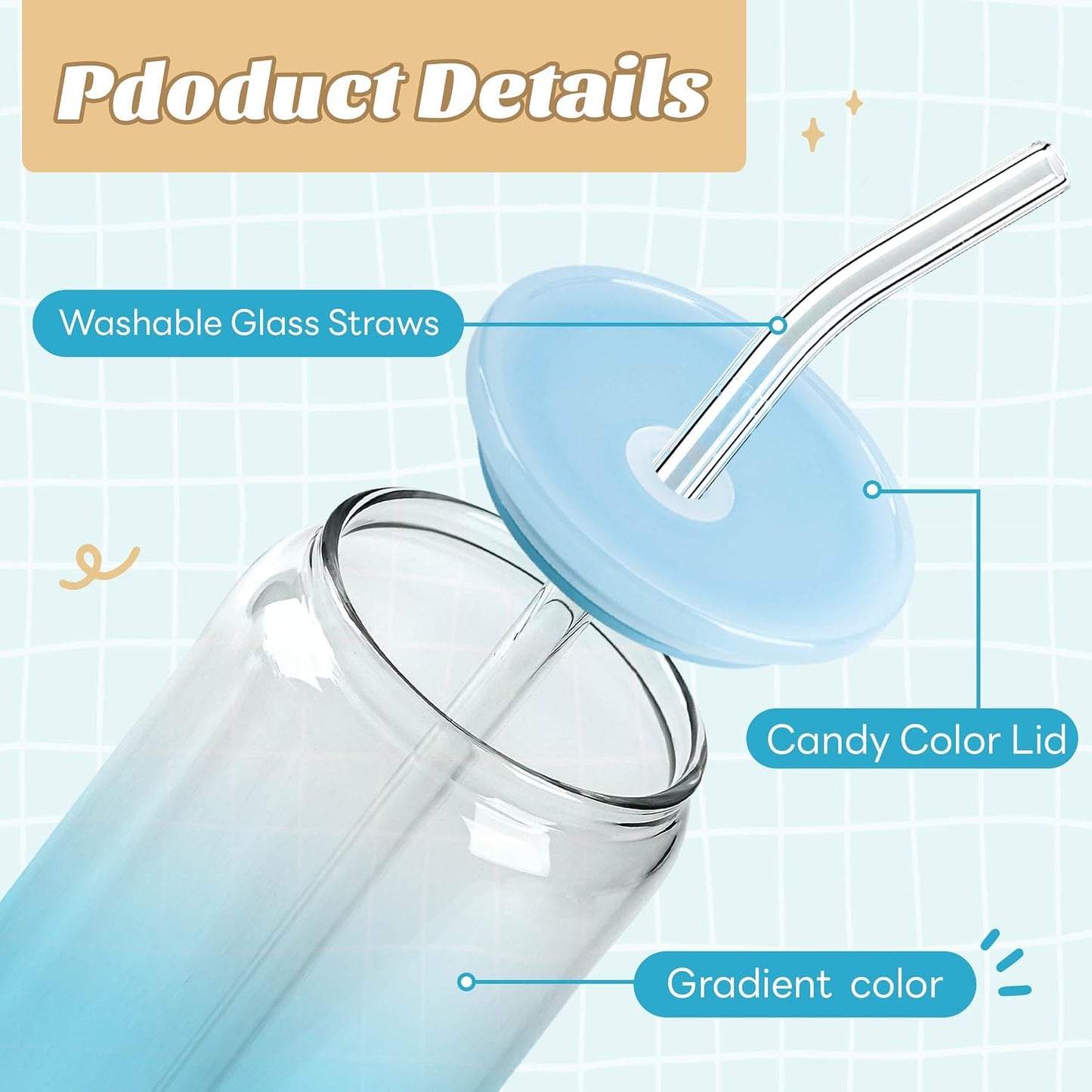 12 Set 16oz Gradient Glass Cups with Acrylic Lids and Straws Bulk | Can-shaped coffee cups drinking glasses for cafés, events, wedding favors, brunch tables, iced drinks and housewarming gifts