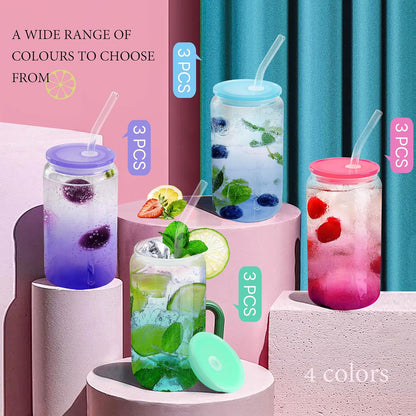 12 Set 16oz Gradient Glass Cups with Acrylic Lids and Straws Bulk | Can-shaped coffee cups drinking glasses for cafés, events, wedding favors, brunch tables, iced drinks and housewarming gifts