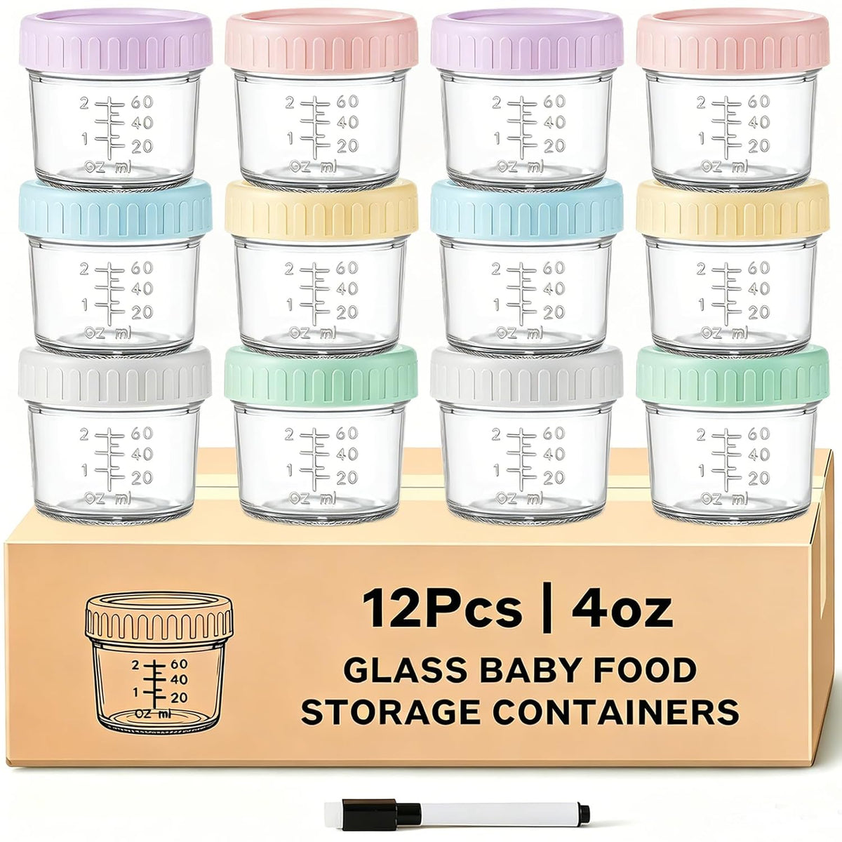12 Pack Glass Baby Food Containers 4 oz Glass Baby Food Jars with Lids