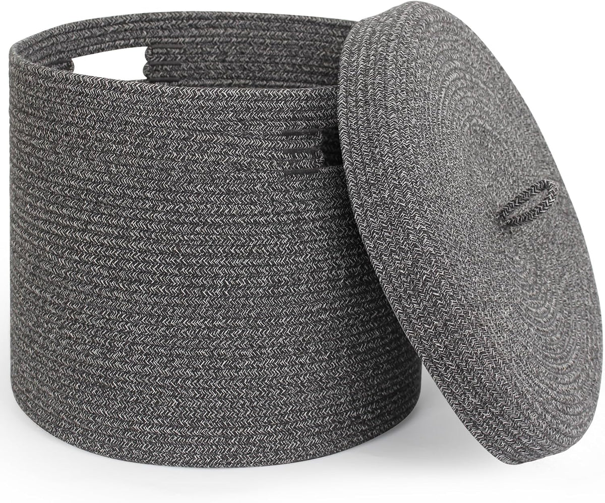 Storage Basket with Lid, Woven Blanket Storage for Living Room, Soft Cotton Rope Bin with Lid, Round Wicker Laundry Basket with Cover, Lidded Kids Dog Toy Bin, Nursery Organizer, 15" x 13"