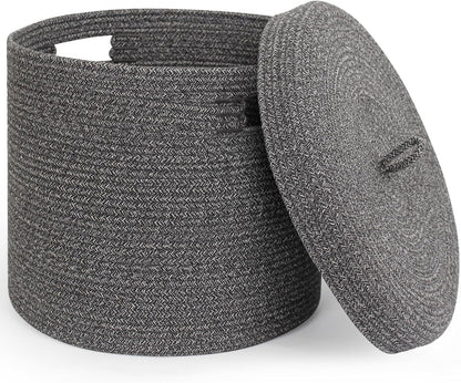 Storage Basket with Lid, Woven Blanket Storage for Living Room, Soft Cotton Rope Bin with Lid, Round Wicker Laundry Basket with Cover, Lidded Kids Dog Toy Bin, Nursery Organizer, 15" x 13"