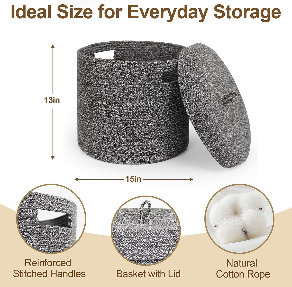 Storage Basket with Lid, Woven Blanket Storage for Living Room, Soft Cotton Rope Bin with Lid, Round Wicker Laundry Basket with Cover, Lidded Kids Dog Toy Bin, Nursery Organizer, 15" x 13"