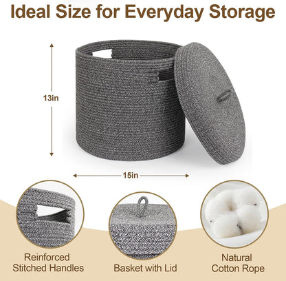 Storage Basket with Lid, Woven Blanket Storage for Living Room, Soft Cotton Rope Bin with Lid, Round Wicker Laundry Basket with Cover, Lidded Kids Dog Toy Bin, Nursery Organizer, 15" x 13"