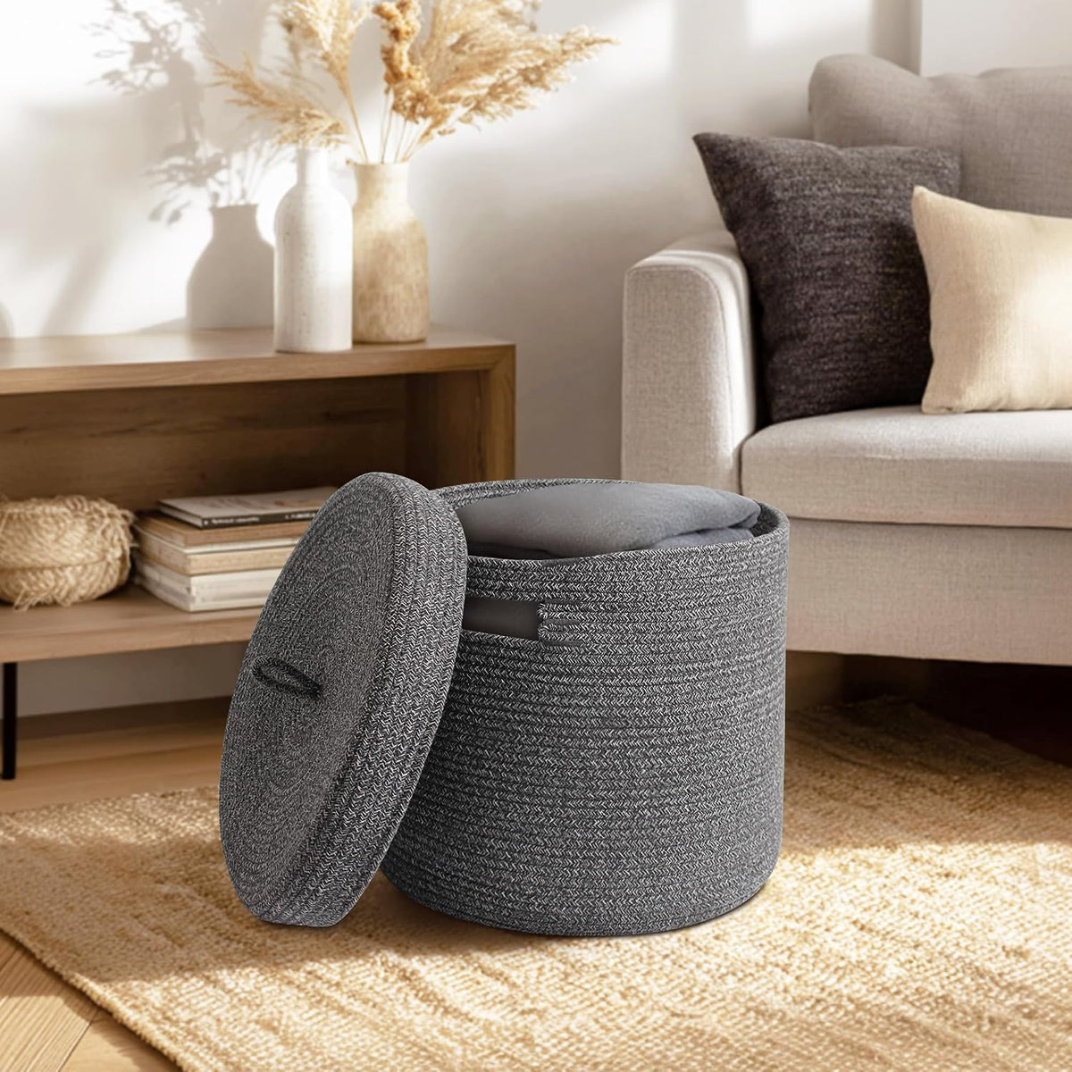 Storage Basket with Lid, Woven Blanket Storage for Living Room, Soft Cotton Rope Bin with Lid, Round Wicker Laundry Basket with Cover, Lidded Kids Dog Toy Bin, Nursery Organizer, 15" x 13"