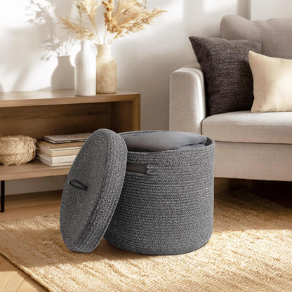 Storage Basket with Lid, Woven Blanket Storage for Living Room, Soft Cotton Rope Bin with Lid, Round Wicker Laundry Basket with Cover, Lidded Kids Dog Toy Bin, Nursery Organizer, 15" x 13"