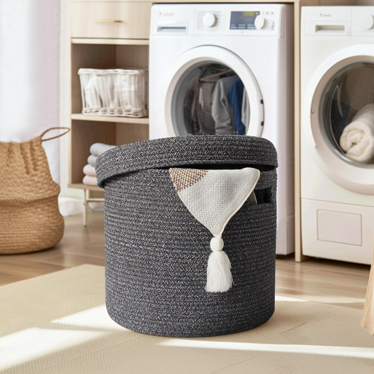 Storage Basket with Lid, Woven Blanket Storage for Living Room, Soft Cotton Rope Bin with Lid, Round Wicker Laundry Basket with Cover, Lidded Kids Dog Toy Bin, Nursery Organizer, 15" x 13"