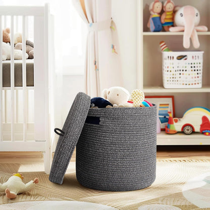 Storage Basket with Lid, Woven Blanket Storage for Living Room, Soft Cotton Rope Bin with Lid, Round Wicker Laundry Basket with Cover, Lidded Kids Dog Toy Bin, Nursery Organizer, 15" x 13"