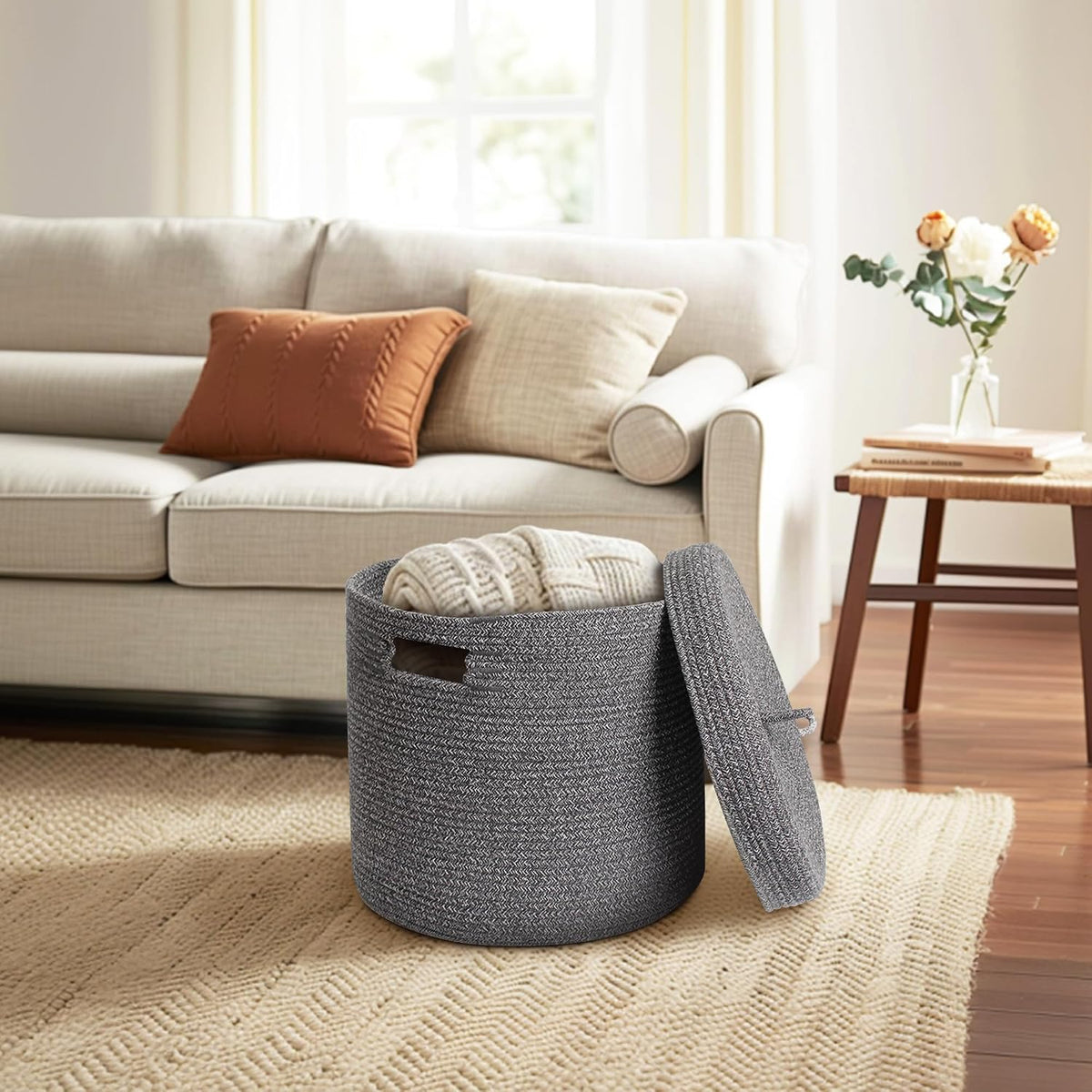 Storage Basket with Lid, Woven Blanket Storage for Living Room, Soft Cotton Rope Bin with Lid, Round Wicker Laundry Basket with Cover, Lidded Kids Dog Toy Bin, Nursery Organizer, 15" x 13"