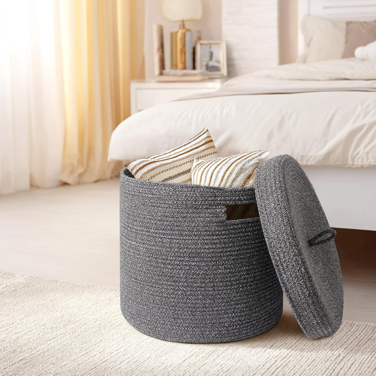 Storage Basket with Lid, Woven Blanket Storage for Living Room, Soft Cotton Rope Bin with Lid, Round Wicker Laundry Basket with Cover, Lidded Kids Dog Toy Bin, Nursery Organizer, 15" x 13"