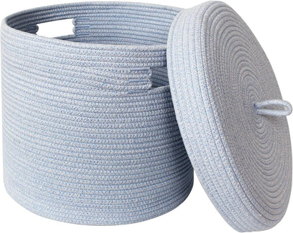 Storage Basket with Lid, Woven Blanket Storage for Living Room, Soft Cotton Rope Bin with Lid, Round Wicker Laundry Basket with Cover, Lidded Kids Dog Toy Bin, Nursery Organizer, 15" x 13"
