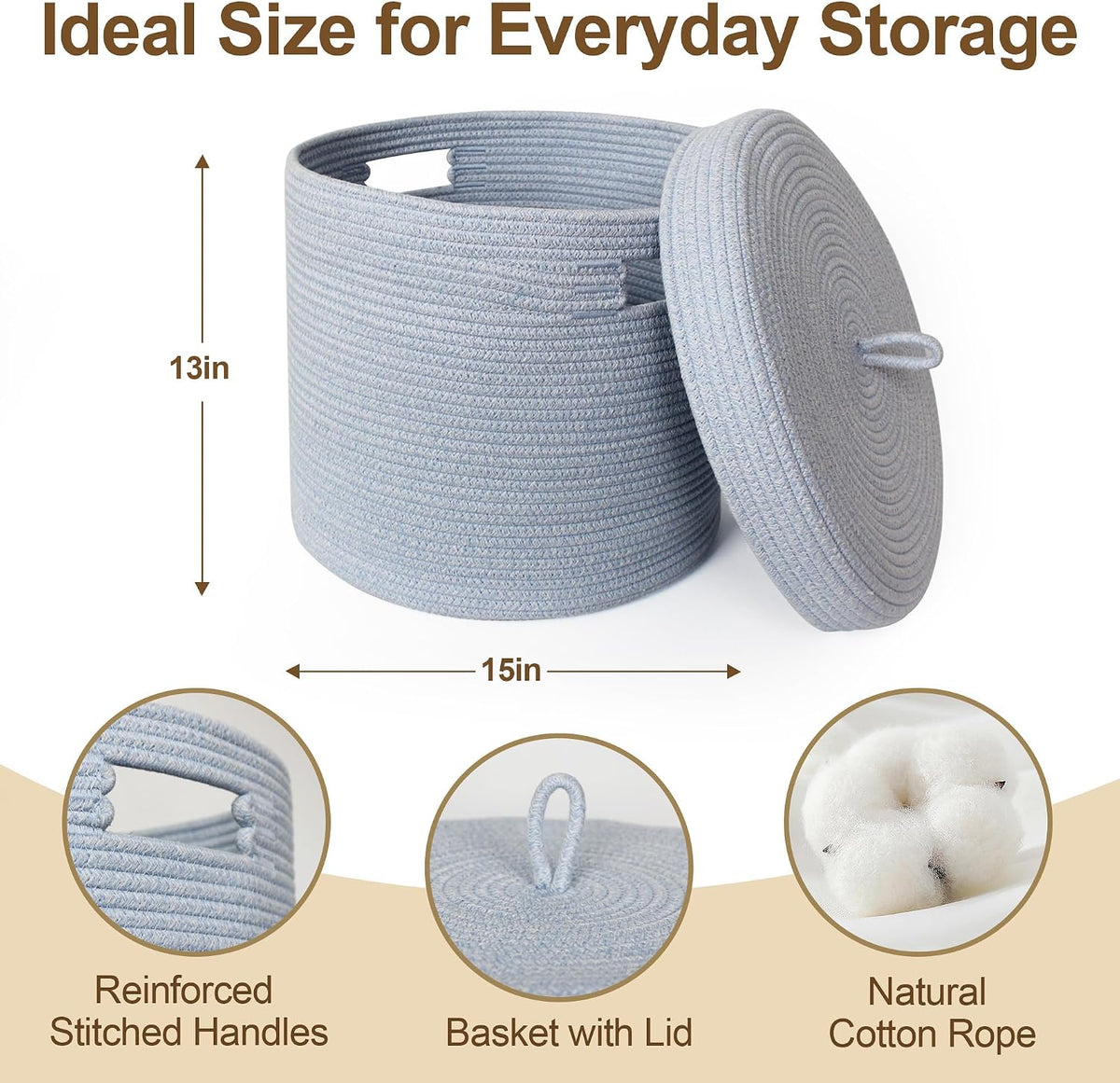 Storage Basket with Lid, Woven Blanket Storage for Living Room, Soft Cotton Rope Bin with Lid, Round Wicker Laundry Basket with Cover, Lidded Kids Dog Toy Bin, Nursery Organizer, 15" x 13"