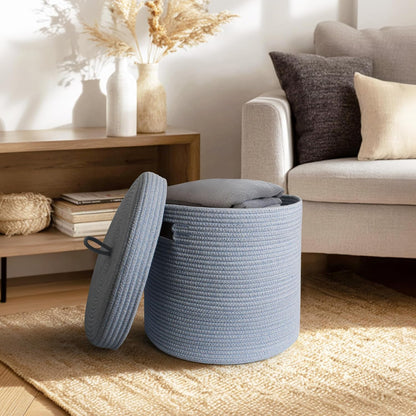 Storage Basket with Lid, Woven Blanket Storage for Living Room, Soft Cotton Rope Bin with Lid, Round Wicker Laundry Basket with Cover, Lidded Kids Dog Toy Bin, Nursery Organizer, 15" x 13"