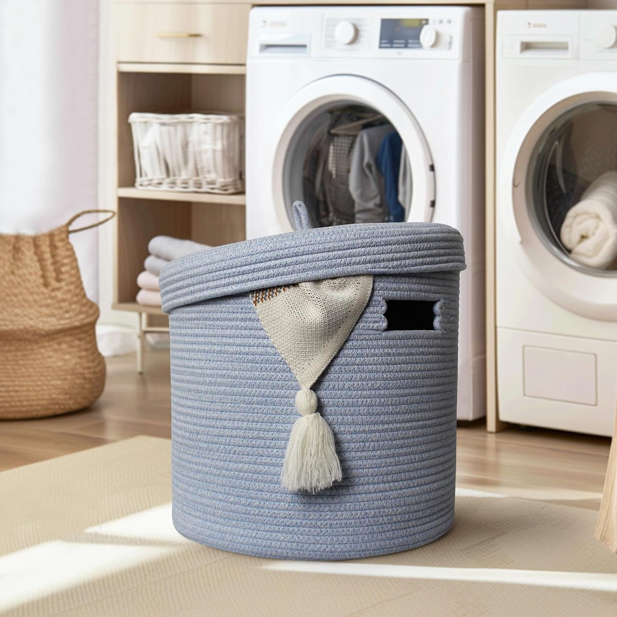 Storage Basket with Lid, Woven Blanket Storage for Living Room, Soft Cotton Rope Bin with Lid, Round Wicker Laundry Basket with Cover, Lidded Kids Dog Toy Bin, Nursery Organizer, 15" x 13"