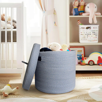 Storage Basket with Lid, Woven Blanket Storage for Living Room, Soft Cotton Rope Bin with Lid, Round Wicker Laundry Basket with Cover, Lidded Kids Dog Toy Bin, Nursery Organizer, 15" x 13"