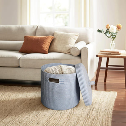 Storage Basket with Lid, Woven Blanket Storage for Living Room, Soft Cotton Rope Bin with Lid, Round Wicker Laundry Basket with Cover, Lidded Kids Dog Toy Bin, Nursery Organizer, 15" x 13"