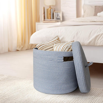 Storage Basket with Lid, Woven Blanket Storage for Living Room, Soft Cotton Rope Bin with Lid, Round Wicker Laundry Basket with Cover, Lidded Kids Dog Toy Bin, Nursery Organizer, 15" x 13"