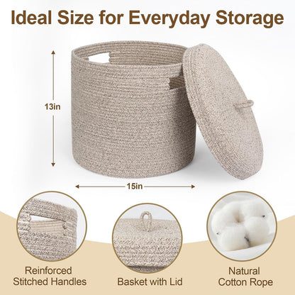 Storage Basket with Lid, Woven Blanket Storage for Living Room, Soft Cotton Rope Bin with Lid, Round Wicker Laundry Basket with Cover, Lidded Kids Dog Toy Bin, Nursery Organizer, 15" x 13"