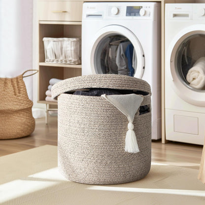 Storage Basket with Lid, Woven Blanket Storage for Living Room, Soft Cotton Rope Bin with Lid, Round Wicker Laundry Basket with Cover, Lidded Kids Dog Toy Bin, Nursery Organizer, 15" x 13"