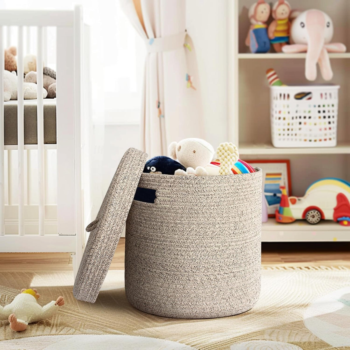 Storage Basket with Lid, Woven Blanket Storage for Living Room, Soft Cotton Rope Bin with Lid, Round Wicker Laundry Basket with Cover, Lidded Kids Dog Toy Bin, Nursery Organizer, 15" x 13"