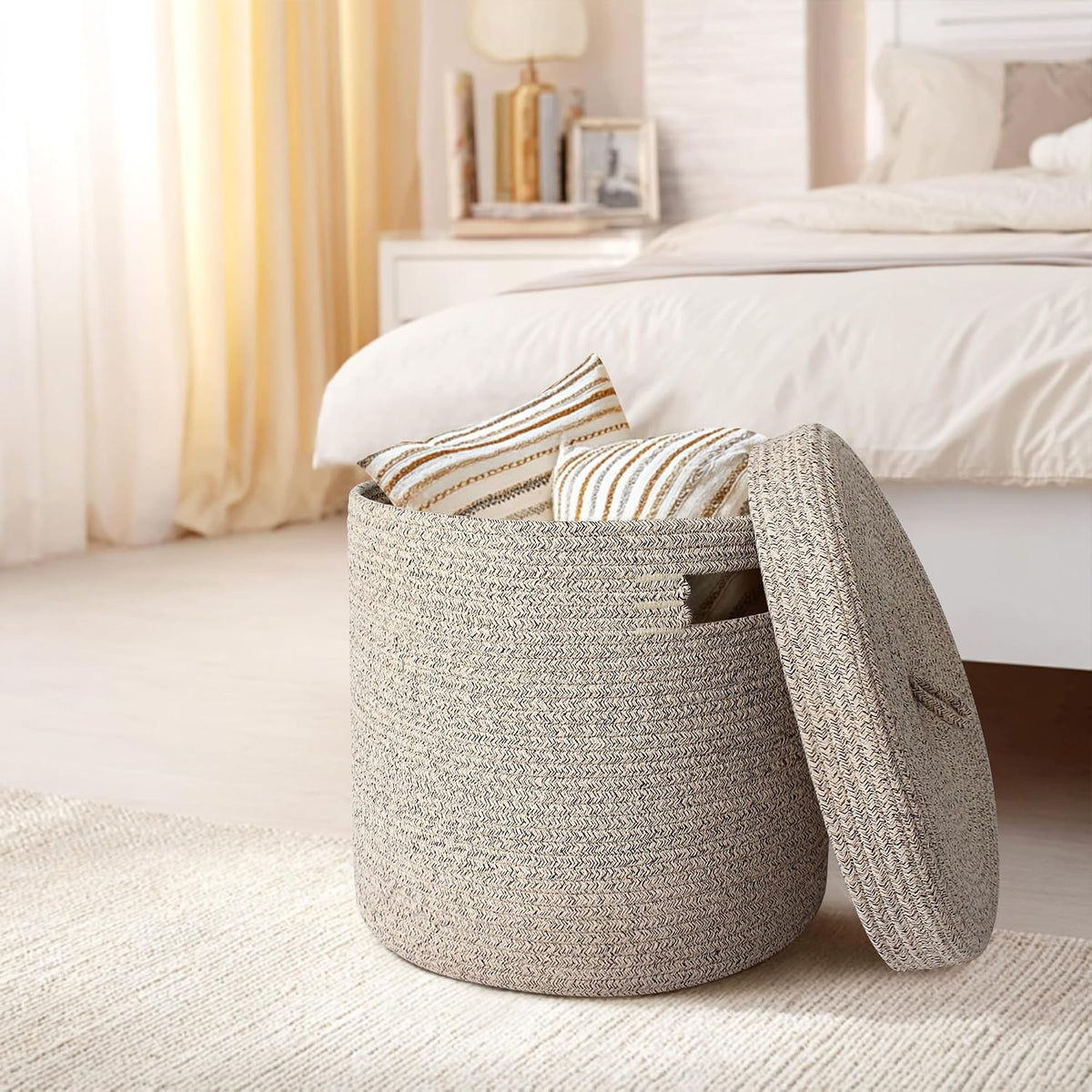 Storage Basket with Lid, Woven Blanket Storage for Living Room, Soft Cotton Rope Bin with Lid, Round Wicker Laundry Basket with Cover, Lidded Kids Dog Toy Bin, Nursery Organizer, 15" x 13"