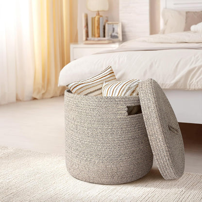 Storage Basket with Lid, Woven Blanket Storage for Living Room, Soft Cotton Rope Bin with Lid, Round Wicker Laundry Basket with Cover, Lidded Kids Dog Toy Bin, Nursery Organizer, 15" x 13"