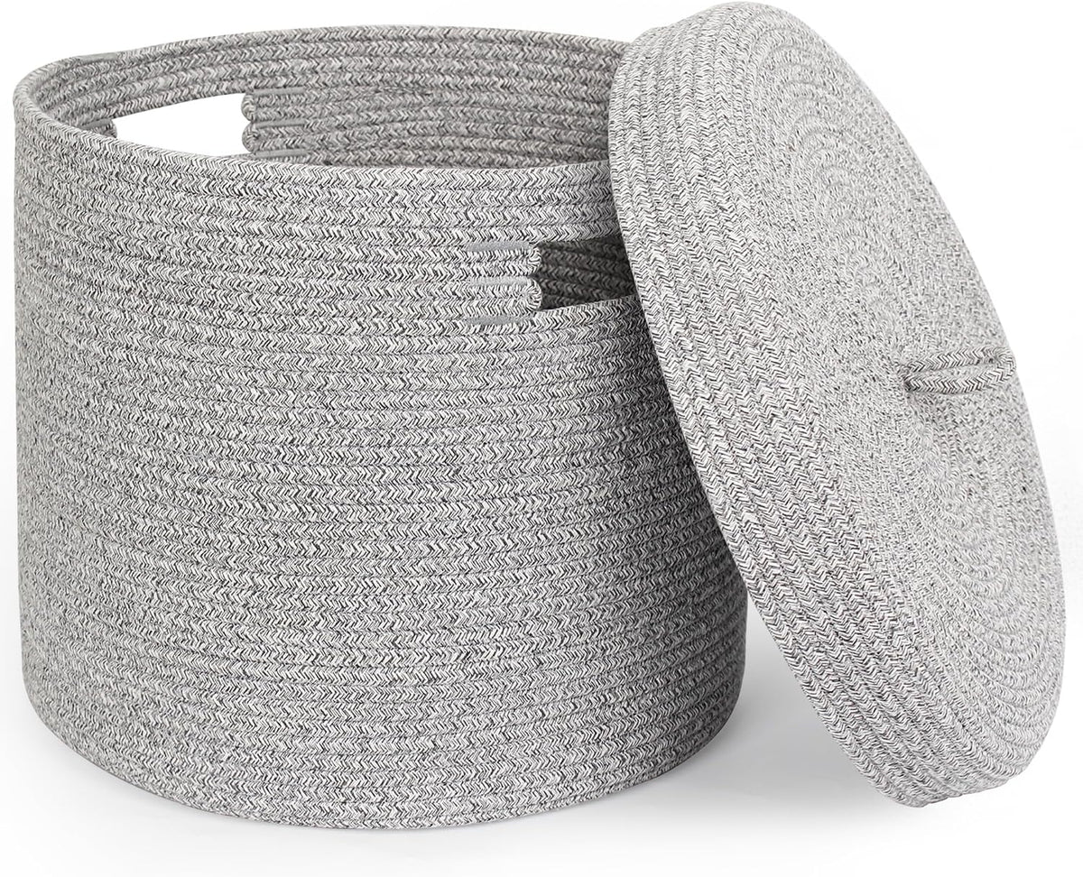 Storage Basket with Lid, Woven Blanket Storage for Living Room, Soft Cotton Rope Bin with Lid, Round Wicker Laundry Basket with Cover, Lidded Kids Dog Toy Bin, Nursery Organizer, 15" x 13"
