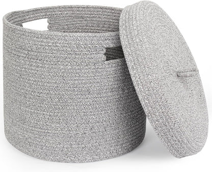 Storage Basket with Lid, Woven Blanket Storage for Living Room, Soft Cotton Rope Bin with Lid, Round Wicker Laundry Basket with Cover, Lidded Kids Dog Toy Bin, Nursery Organizer, 15" x 13"
