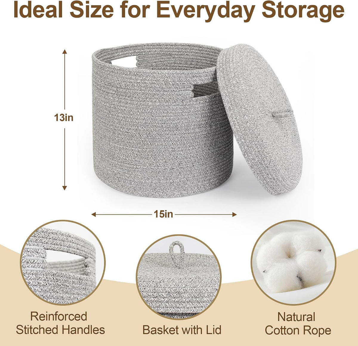 Storage Basket with Lid, Woven Blanket Storage for Living Room, Soft Cotton Rope Bin with Lid, Round Wicker Laundry Basket with Cover, Lidded Kids Dog Toy Bin, Nursery Organizer, 15" x 13"