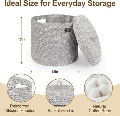Storage Basket with Lid, Woven Blanket Storage for Living Room, Soft Cotton Rope Bin with Lid, Round Wicker Laundry Basket with Cover, Lidded Kids Dog Toy Bin, Nursery Organizer, 15" x 13"