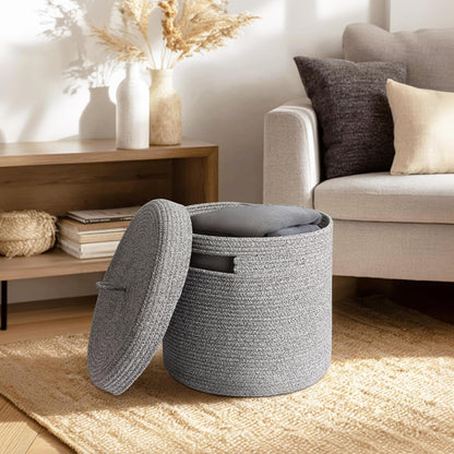 Storage Basket with Lid, Woven Blanket Storage for Living Room, Soft Cotton Rope Bin with Lid, Round Wicker Laundry Basket with Cover, Lidded Kids Dog Toy Bin, Nursery Organizer, 15" x 13"