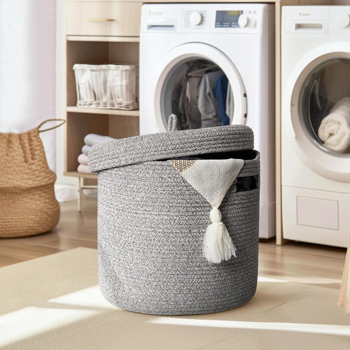 Storage Basket with Lid, Woven Blanket Storage for Living Room, Soft Cotton Rope Bin with Lid, Round Wicker Laundry Basket with Cover, Lidded Kids Dog Toy Bin, Nursery Organizer, 15" x 13"
