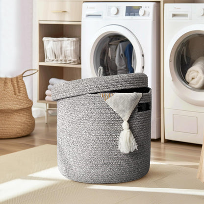 Storage Basket with Lid, Woven Blanket Storage for Living Room, Soft Cotton Rope Bin with Lid, Round Wicker Laundry Basket with Cover, Lidded Kids Dog Toy Bin, Nursery Organizer, 15" x 13"