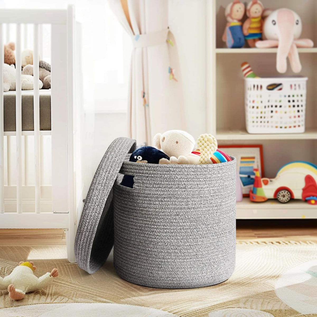 Storage Basket with Lid, Woven Blanket Storage for Living Room, Soft Cotton Rope Bin with Lid, Round Wicker Laundry Basket with Cover, Lidded Kids Dog Toy Bin, Nursery Organizer, 15" x 13"