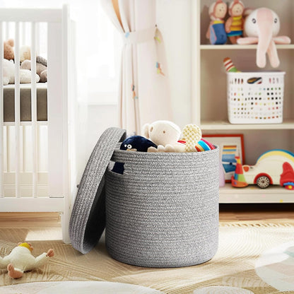 Storage Basket with Lid, Woven Blanket Storage for Living Room, Soft Cotton Rope Bin with Lid, Round Wicker Laundry Basket with Cover, Lidded Kids Dog Toy Bin, Nursery Organizer, 15" x 13"