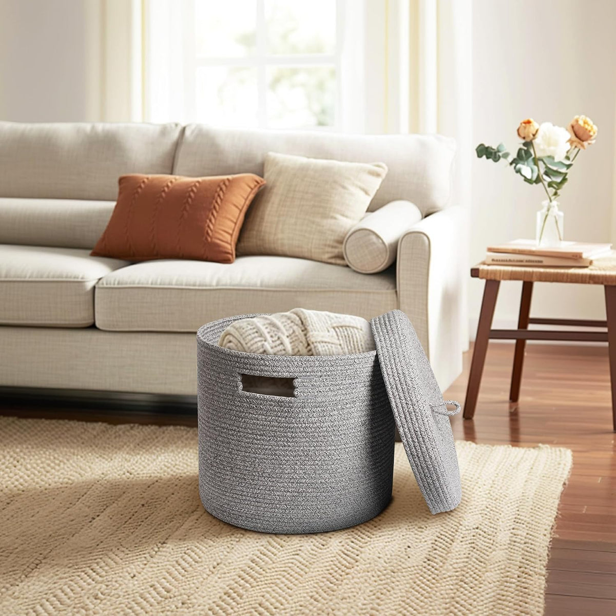 Storage Basket with Lid, Woven Blanket Storage for Living Room, Soft Cotton Rope Bin with Lid, Round Wicker Laundry Basket with Cover, Lidded Kids Dog Toy Bin, Nursery Organizer, 15" x 13"