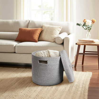 Storage Basket with Lid, Woven Blanket Storage for Living Room, Soft Cotton Rope Bin with Lid, Round Wicker Laundry Basket with Cover, Lidded Kids Dog Toy Bin, Nursery Organizer, 15" x 13"