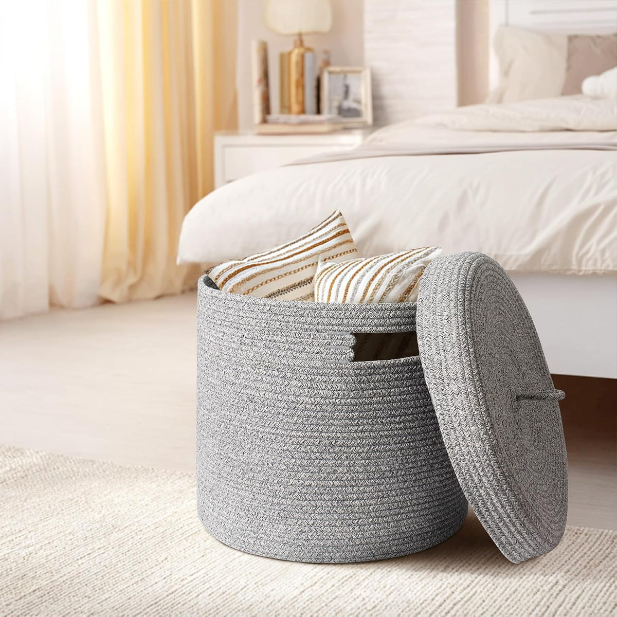 Storage Basket with Lid, Woven Blanket Storage for Living Room, Soft Cotton Rope Bin with Lid, Round Wicker Laundry Basket with Cover, Lidded Kids Dog Toy Bin, Nursery Organizer, 15" x 13"