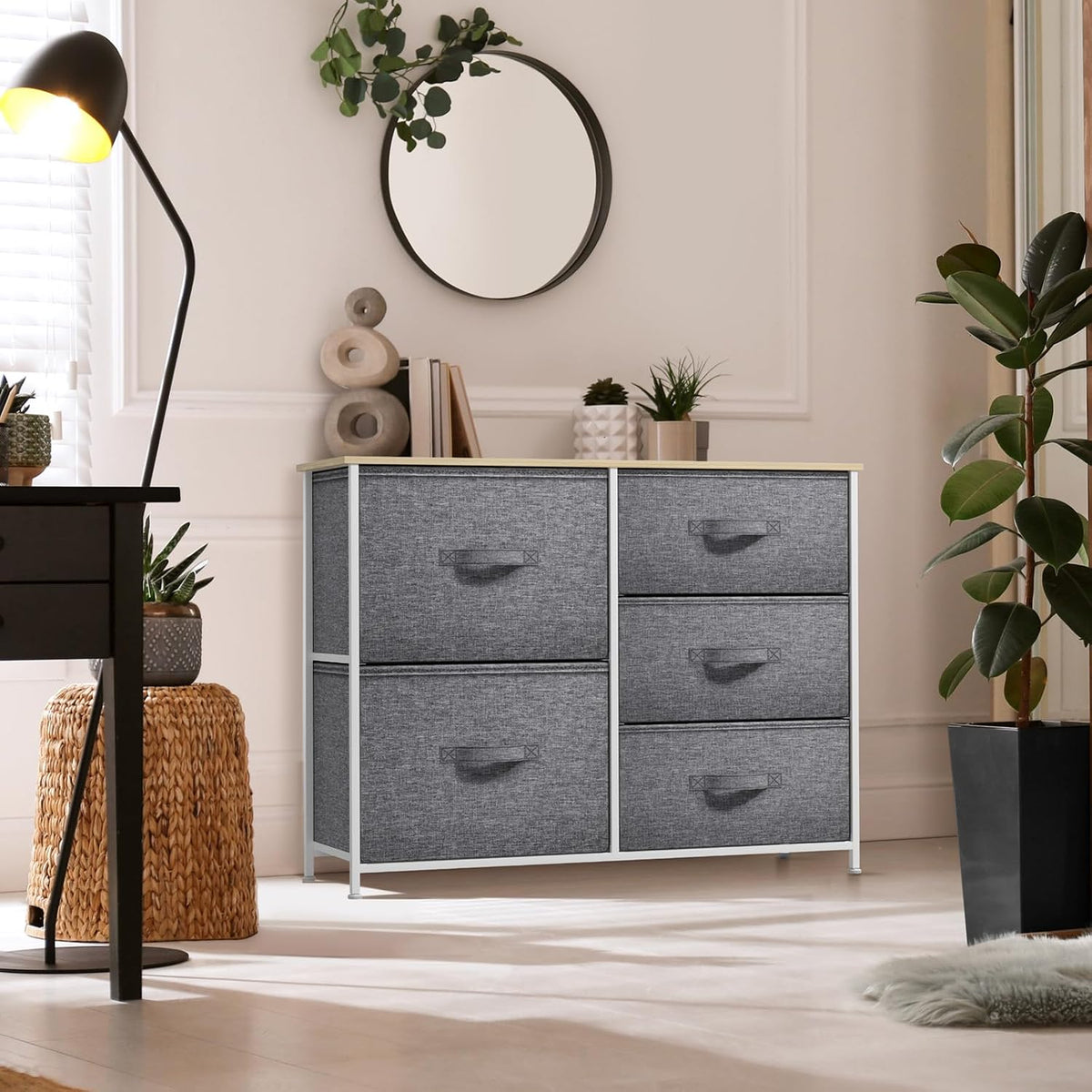 5 Drawer Dresser for Bedroom, Wood Top (Black)