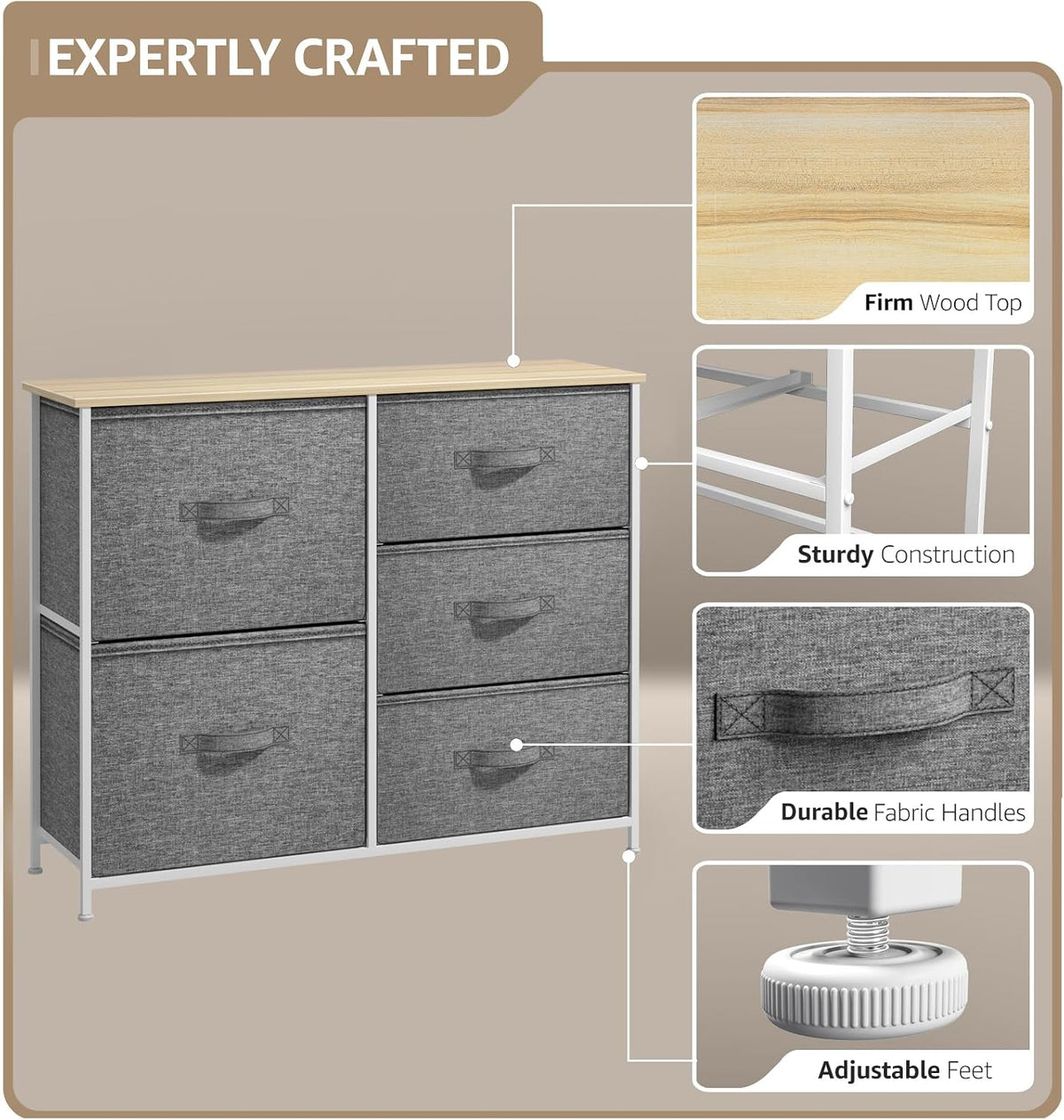 5 Drawer Dresser for Bedroom, Wood Top (Black)