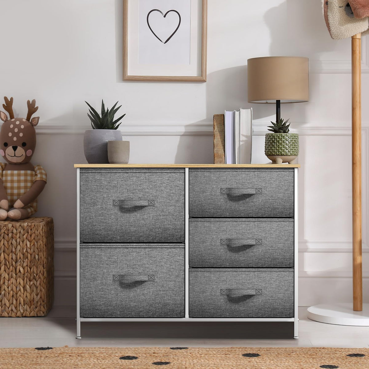 5 Drawer Dresser for Bedroom, Wood Top (Black)