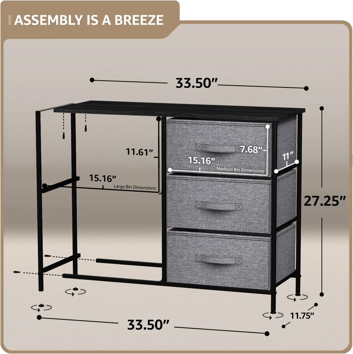 5 Drawer Dresser for Bedroom, Wood Top (Black)