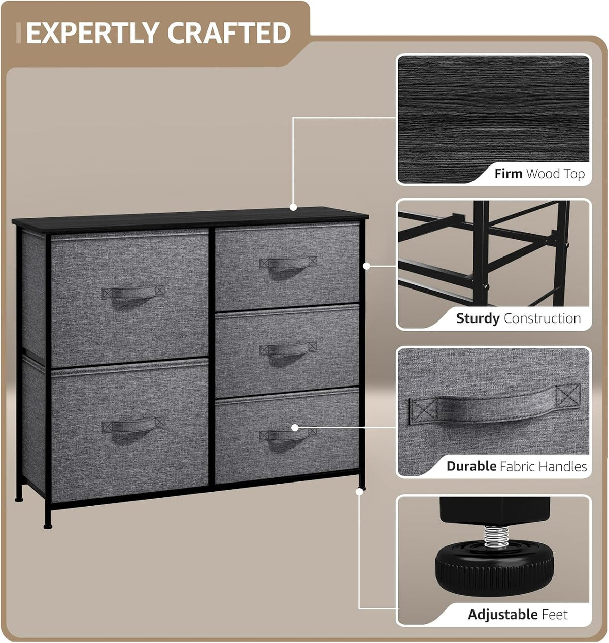 5 Drawer Dresser for Bedroom, Wood Top (Black)