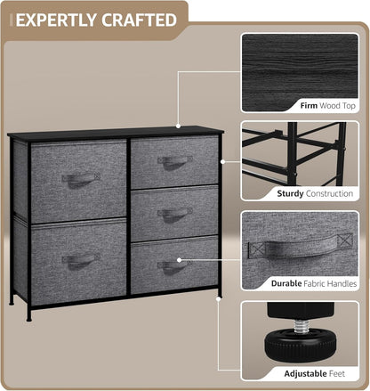 5 Drawer Dresser for Bedroom, Wood Top (Black)